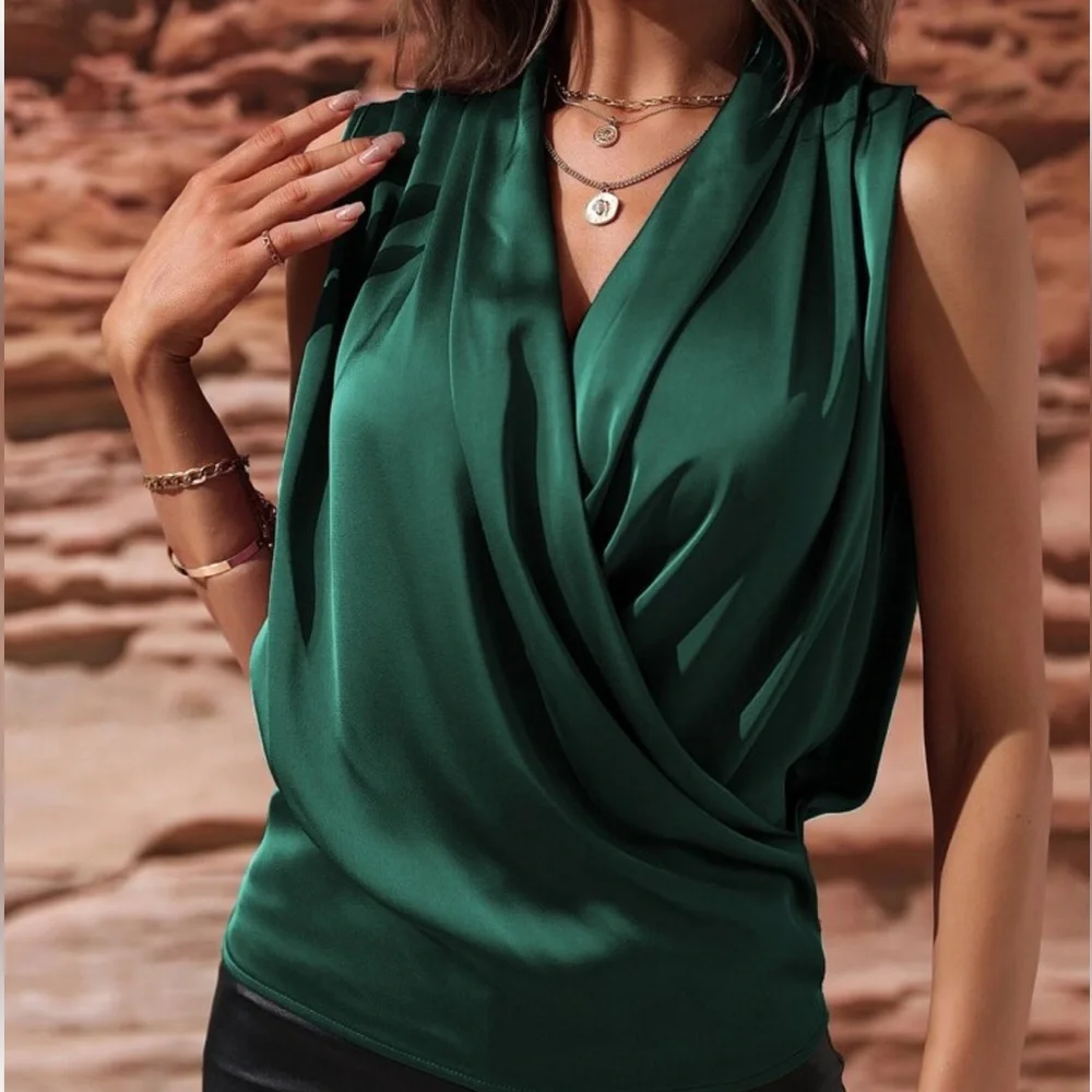 Luxe Satin Classic Ruched Overlap Sleeveless Office Work Top Blouse Shirt GREEN - Picture 2 of 16
